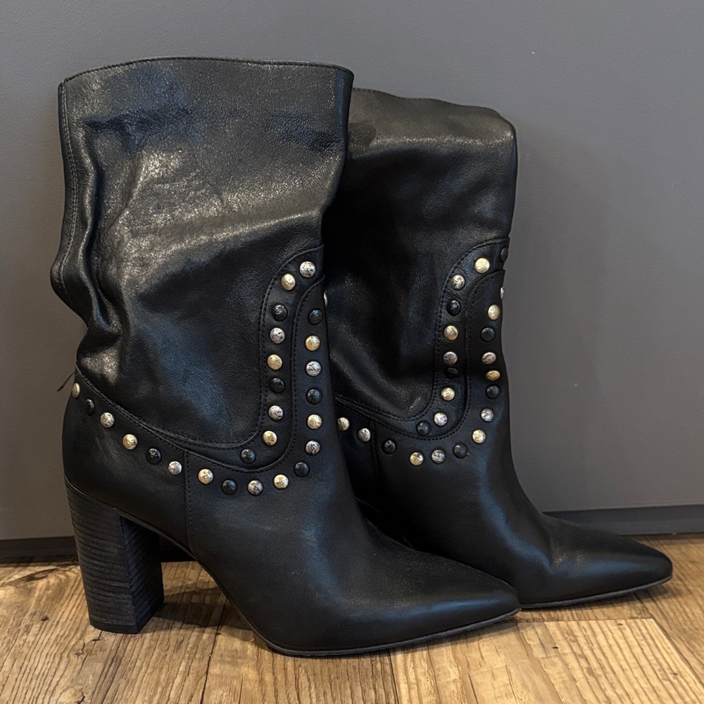 Free People Black Leather Heeled Boots with Studs